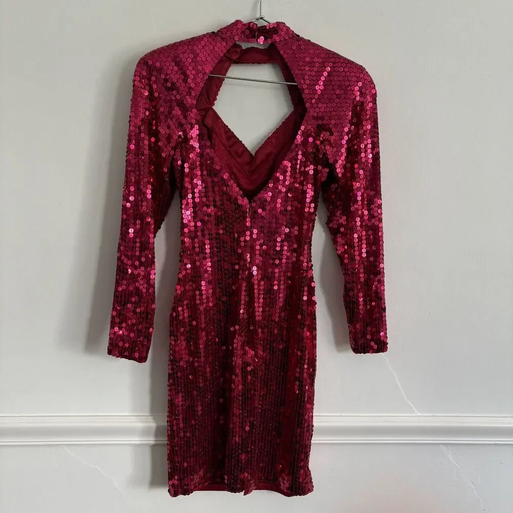 Vintage 80s NITELINE Size 4 Dress Dark Pink Sequins STRETCH Evening Party Club - Picture 4 of 12